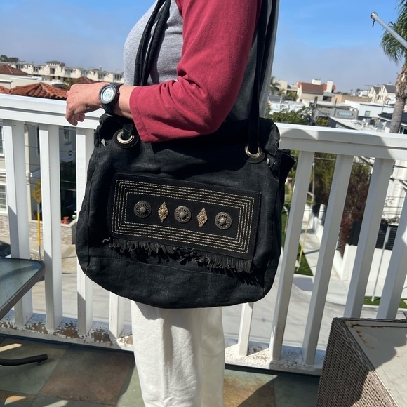 White Elephant Florence Italy linen canvas black fringe beaded tote aztec hippie - Picture 4 of 15